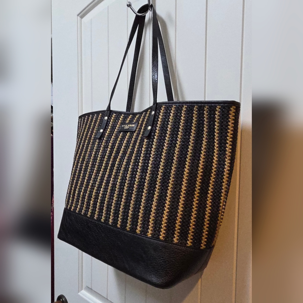 COLE HAAN Becket Striped Raffia and Leather Large Tote EUC